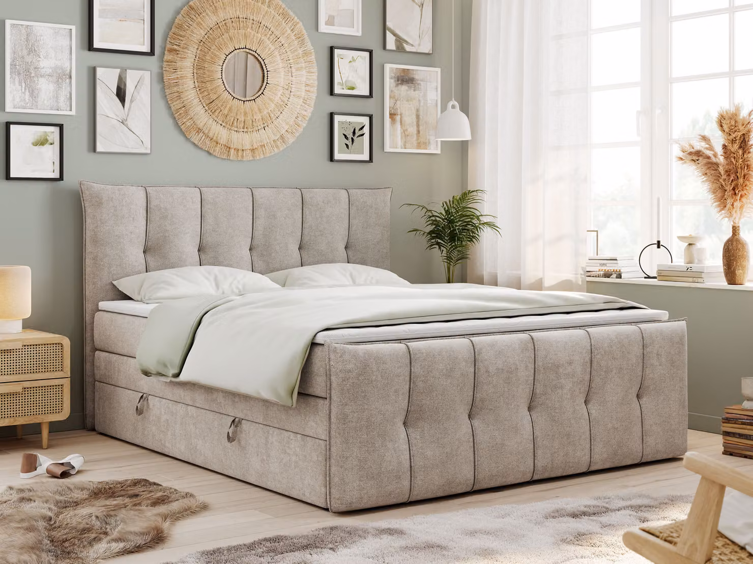 Letto boxspring King 180x200, letto boxspring 180x200 con contenitore e materasso H3, letto imbottito 180x200 con materasso, letto 180x200 con contenitore, PREMIUM-11-KING - 180x200 - Beige - Struttura - H3