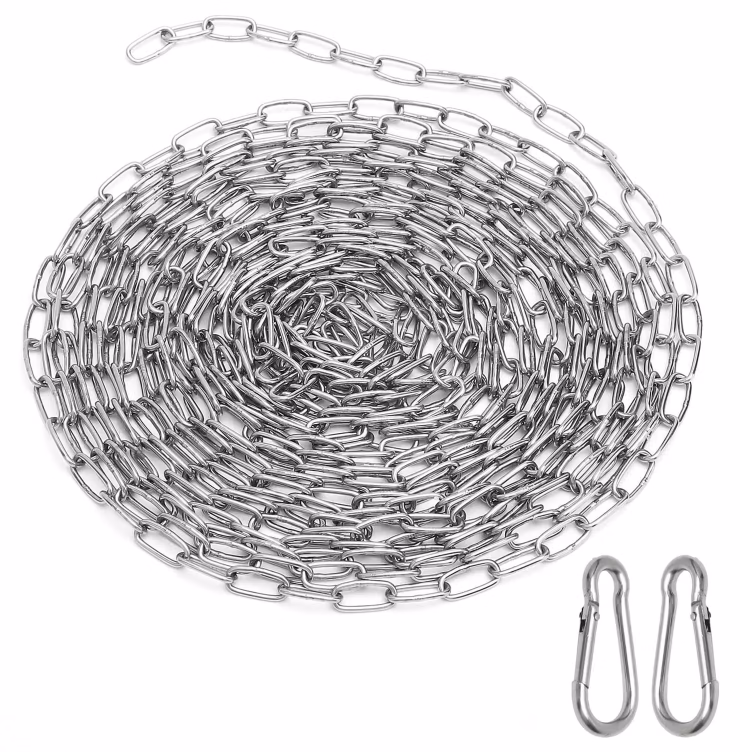 Catena in acciaio inossidabile, 1,5 mm, 6 metri, catena a maglie con gancio a scatto