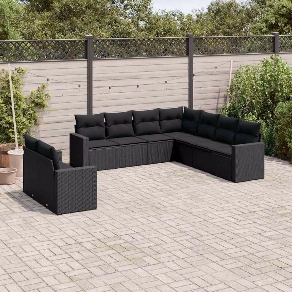 vidaXL Set Divani da Giardino 9 pz a Forma a L con Cuscini Neri in Polyrattan e Struttura in Acciaio Verniciato a Polvere – 1