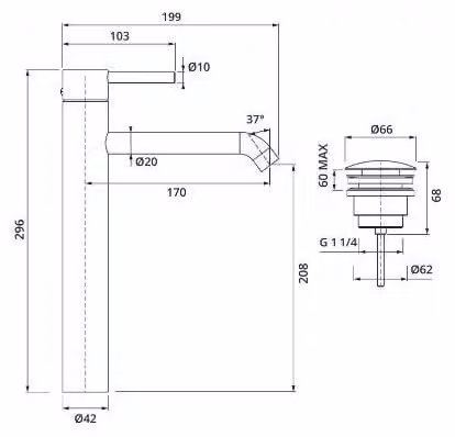 Miscelatore monocomando per lavabo Herzbach DEEP iX, modello XL, diametro 170 mm, per bassa pressione, con sistema di scarico a pulsante, in acciaio inossidabile