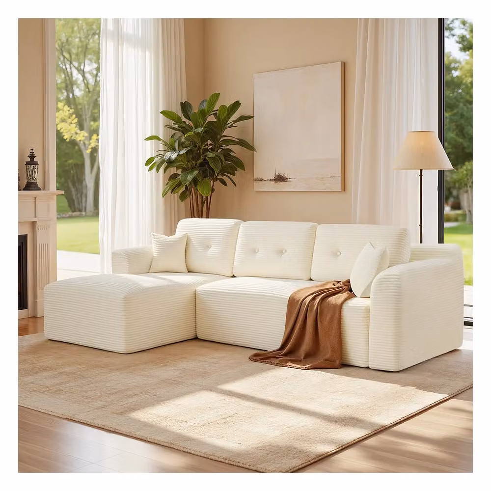 Divano angolare modulare con ampia chaise longue sinistra, Bianco Crema / ampia chaise longue sinistra