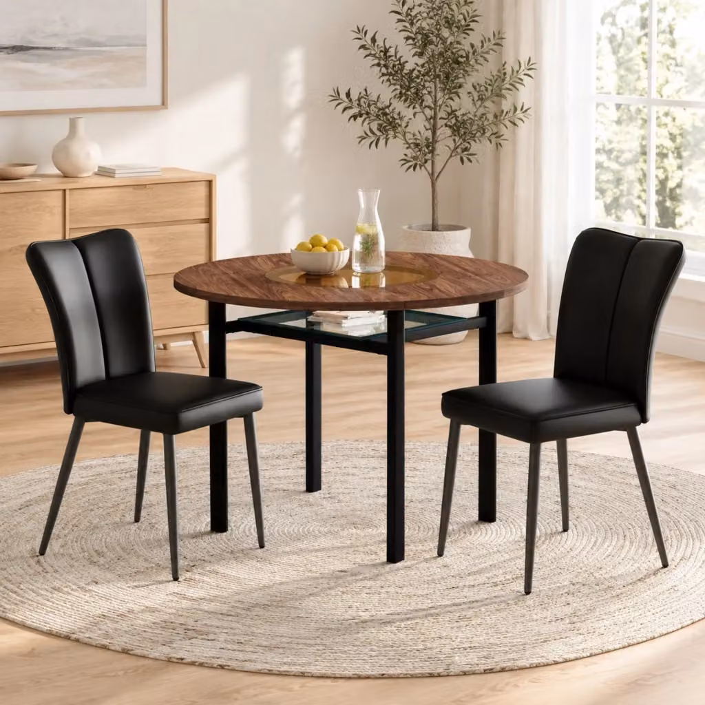 Set da pranzo Mivray moderno con tavolo rotondo in vetro e MDF effetto legno marrone e 2 sedie con seduta nera – 2