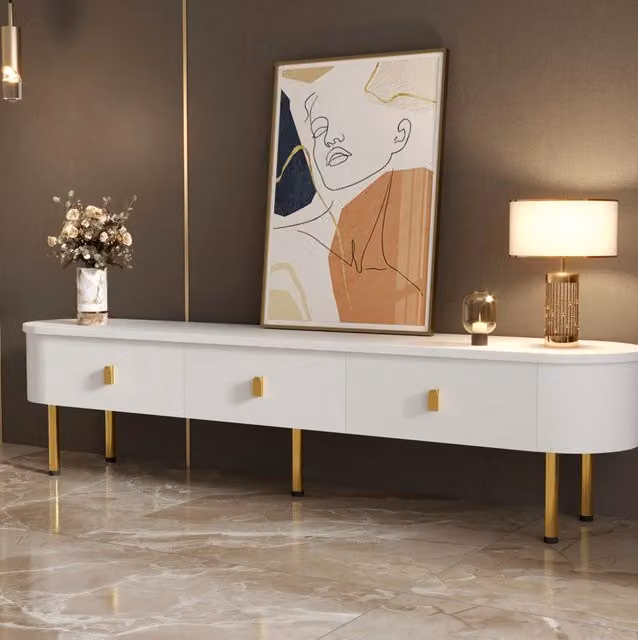 Mobile TV ULEVR 174x35x41 cm con 3 cassetti, finitura bianca e dettagli oro