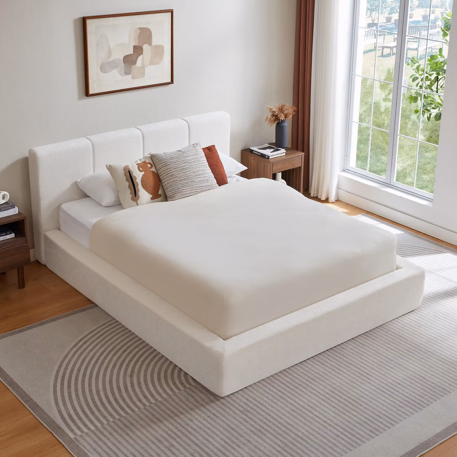 Letto imbottito LVHOM 140x200 cm, rivestito in tessuto tipo ciniglia con struttura a rete metallica e testiera, letto matrimoniale moderno, ideale per ragazzi, imballaggio compresso, colore crema