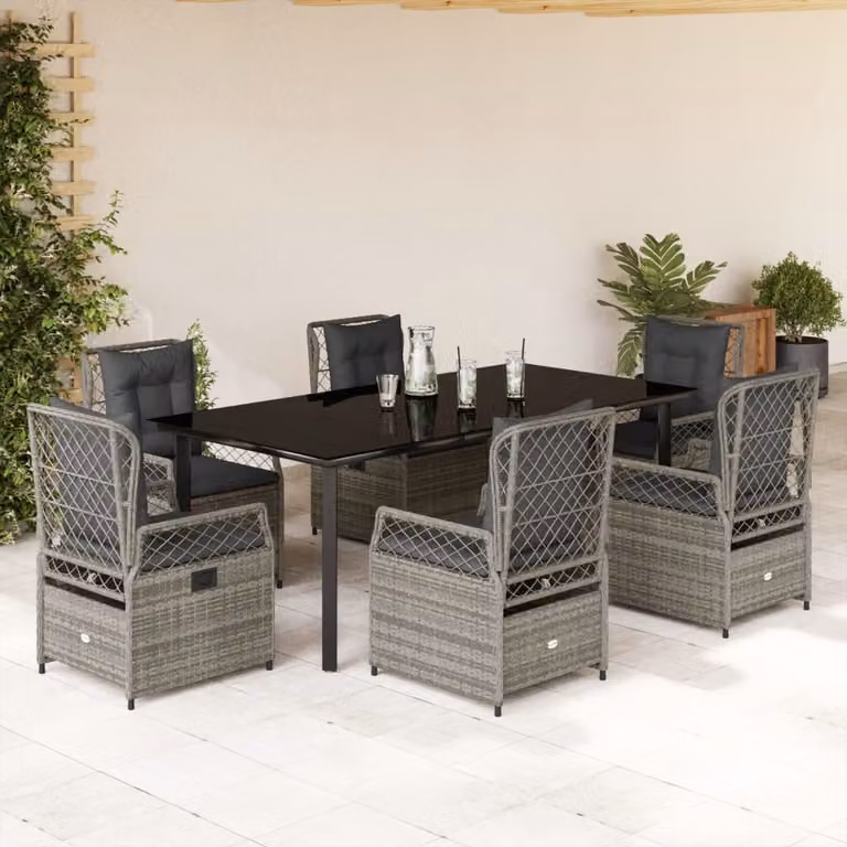 Set da Pranzo da Giardino vidaXL in Polyrattan e Vetro con 7 Pezzi e Cuscini Grigio e Nero