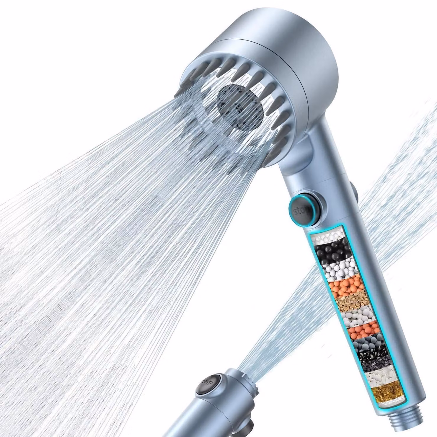 Doccia con filtro a 15 strati, soffione manuale ad alta pressione, tubo da 1,5 metri, 4 tipi di getto, colore blu