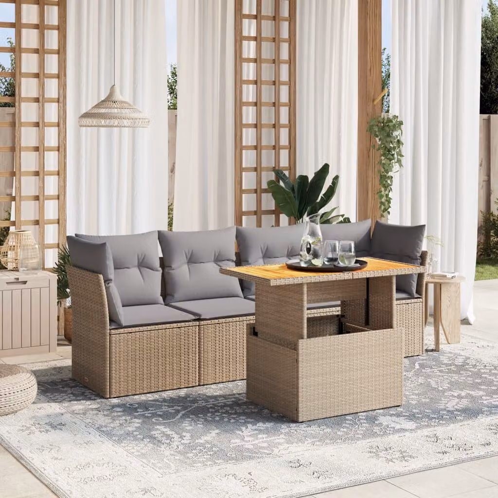 vidaXL Set Divano da Giardino a L con Cuscini Beige e Tavolino, Design Moderno in Polyrattan e Legno di Acacia – 1