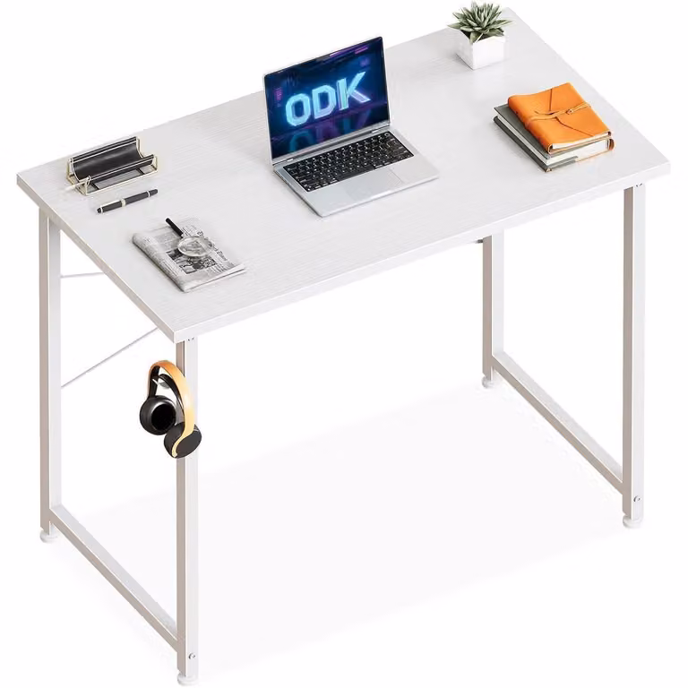 Piccola scrivania da 80x40 cm, scrivania per computer con supporto per cuffie, finitura effetto legno bianco