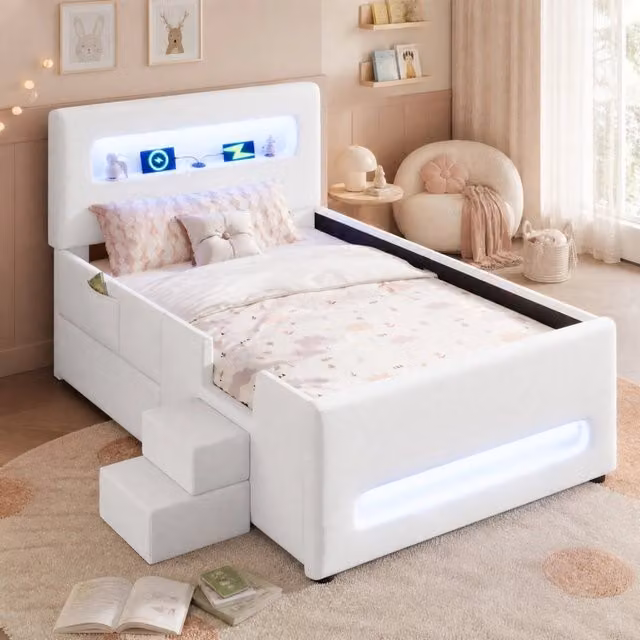 Letto imbottito MODFU con cassetto e luci LED, rivestimento in ecopelle bianca, L/P/H: 90 x 200 cm – 1