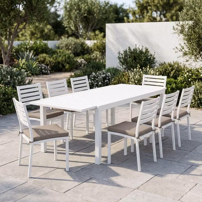 Milani Home - Set Tavolo Giardino Allungabile Rettangolare 200/300x100 Con 8 Sedie In Alluminio Bianco Da Esterno - Bianco