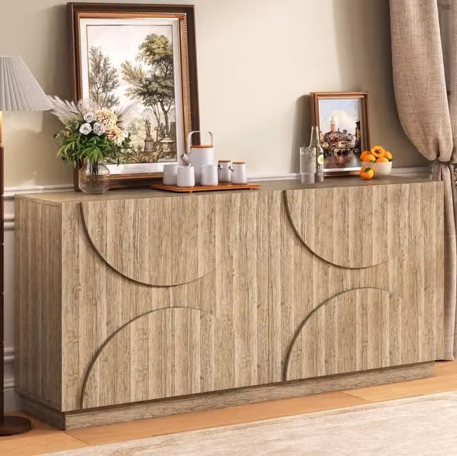 Credenza 160 x 40 x 80 cm in pannello truciolare; ante ad arco; finitura naturale