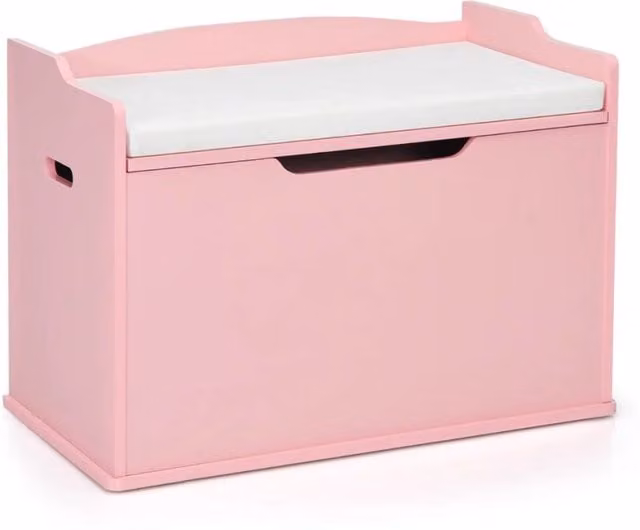 Baule portagiochi 74 x 39 x 52 cm con coperchio di sicurezza incernierato e morbido cuscino stile minimalista MDF bianco 20_0011496