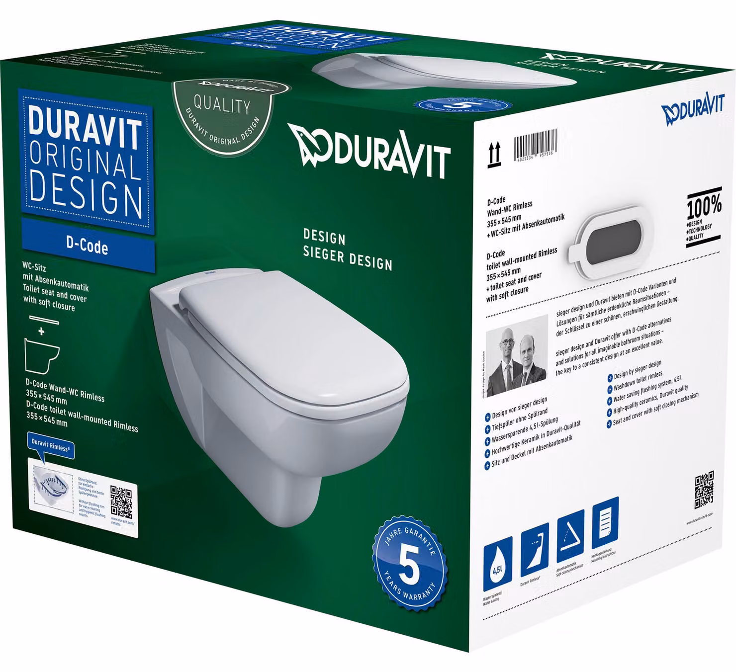 Duravit Wand-Tiefspül-WC D-Code Set 355x540mm spülrandlos mit WC-Sitz
