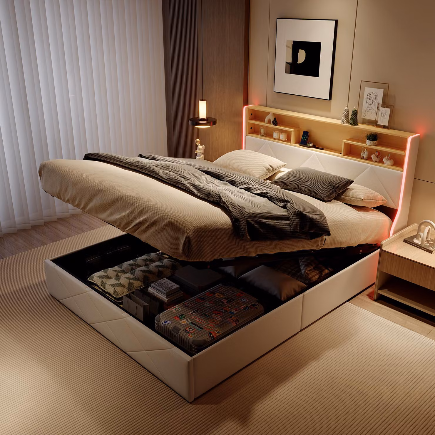 UnboxG Letto imbottito 140x200cm, Finto cuoio, luce LED e connessione USB, contenitore per rete e testata, letto a pressione di gas, bianco