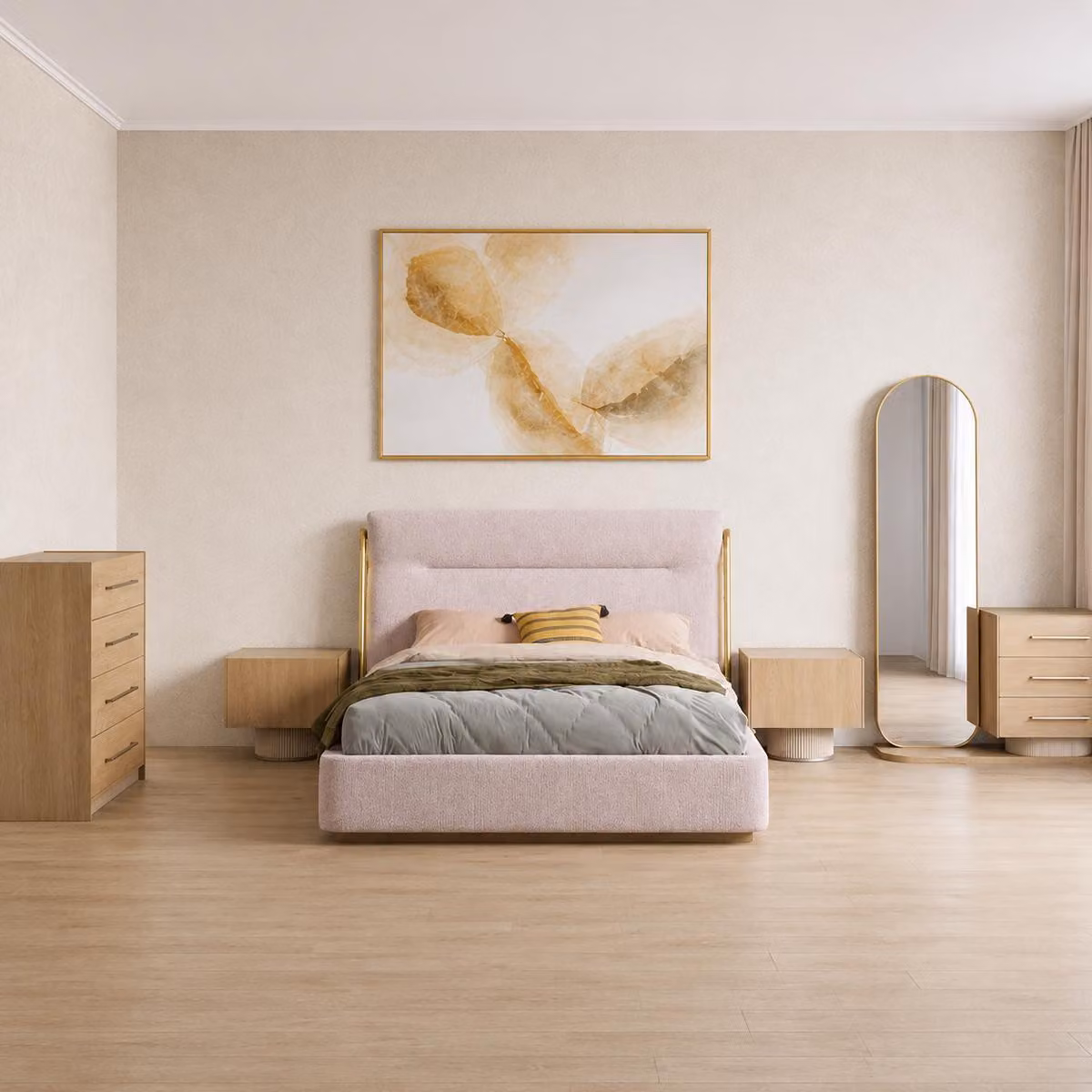 Set moderno per camera da letto, composto da: letto imbottito, 2 comodini e 2 cassettiere