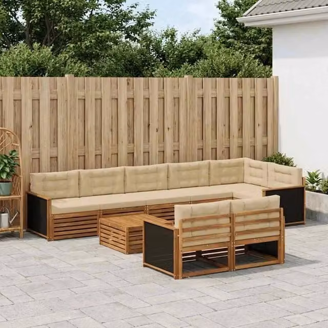 Set di divani da esterno a forma di U vidaXL in legno di acacia beige con cuscini inclusi – 1