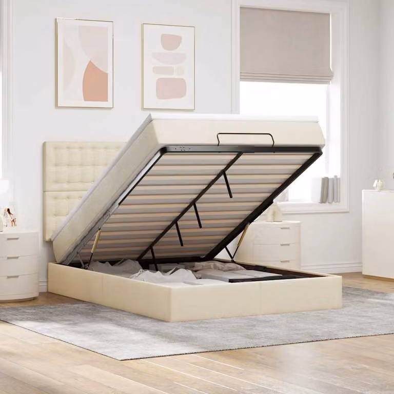 vidaXL Letto Contenitore con Materas e Base a Sollevamento, Colore Beige e Bianco, L/P/H: 193 x 144 x 28 cm
