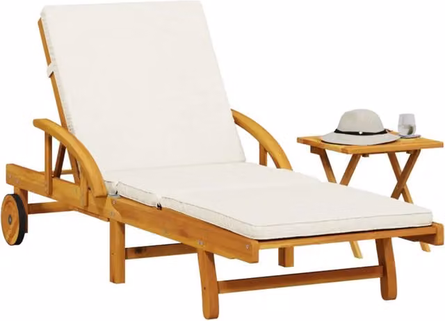 Lettino prendisole vidaXL in legno di acacia con cuscino bianco e tavolino laterale per giardino e terrazzo