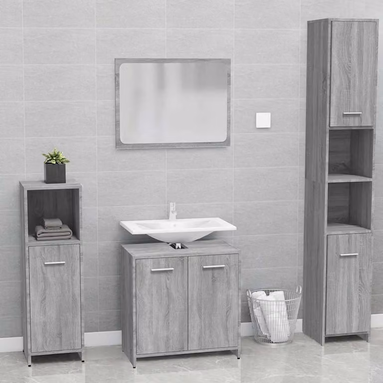 Set di mobili da bagno moderni vidaXL in legno multistrato grigio con armadietto a muro e mobile lavabo con specchio