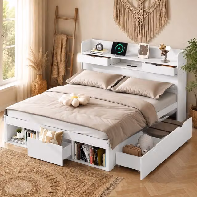 Letto matrimoniale 140x190 cm con USB; Type-C; cassetti e vani contenitore; bianco