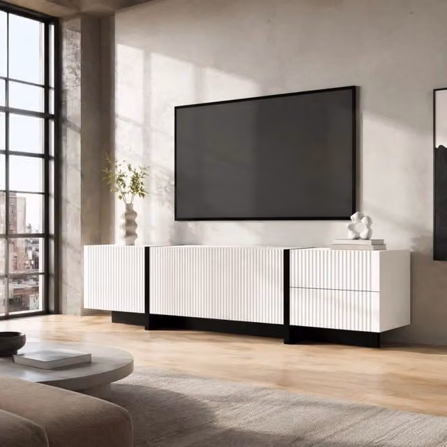 Mobile TV ULEVR 190x35x45 cm con 3 ante e 2 cassetti, MDF e pannello truciolare, bianco e nero