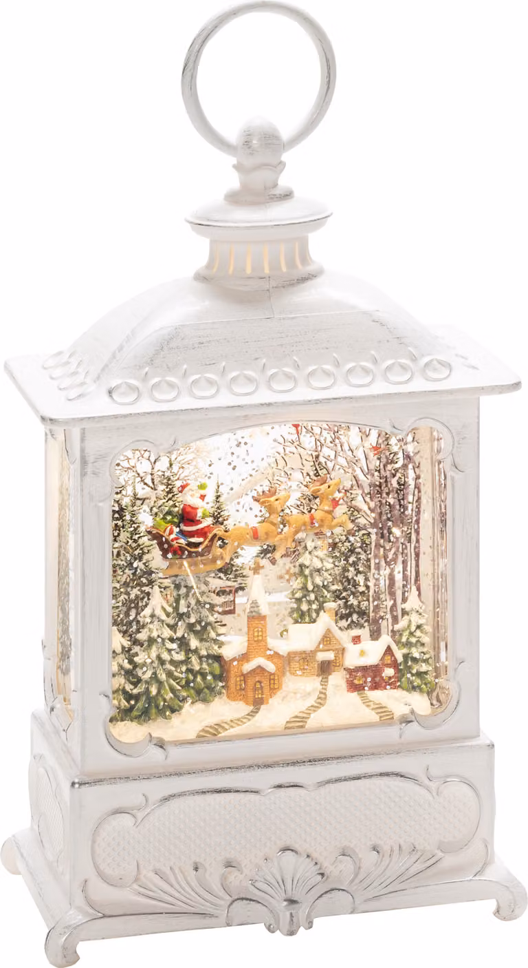 Lanterna ad acqua Konstsmide LED "Babbo Natale volante sul villaggio", bianca, riempita d'acqua, con interruttore on/off, timer di 5 ore, 1 diodo bianco caldo, a batteria, per interni - 4395-200