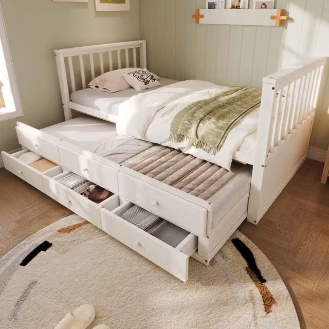 Letto singolo estraibile 90×200 cm con 3 cassetti e secondo letto 90×190 cm, senza materasso, in pino bianco