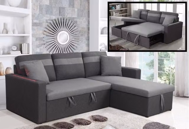 Divano letto contenitore, reversibile angolare, led, microfibra grigio chaise longue Sicorage Tuky