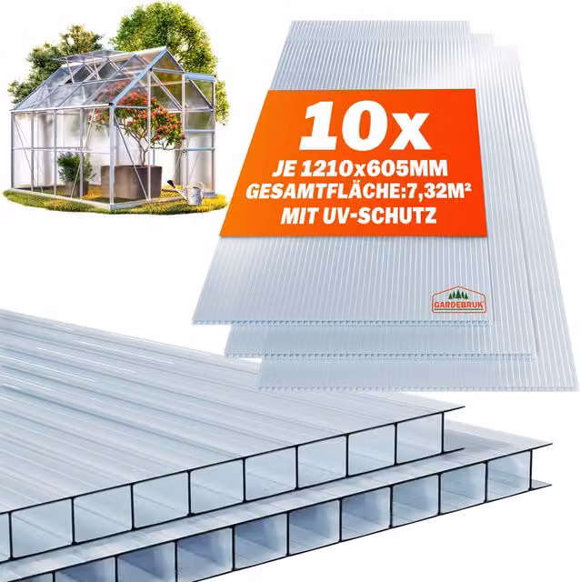 Set da 10 lastre alveolari in policarbonato Gardebruk trasparenti, spessore 6 mm, superficie totale 7,32 m² – 1
