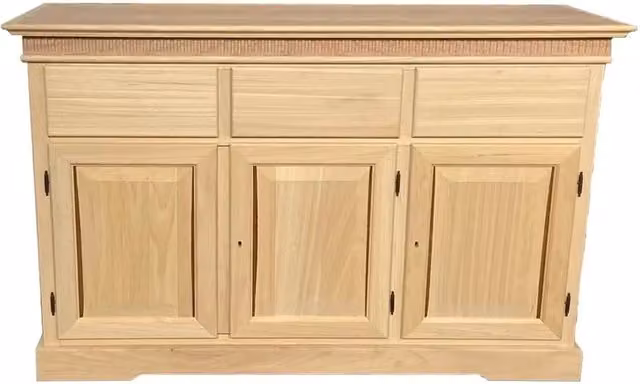 Credenza Mobili 2G in legno massello grezzo con 3 porte e 3 cassetti, L: 150 cm, P: 47 cm, H: 96 cm