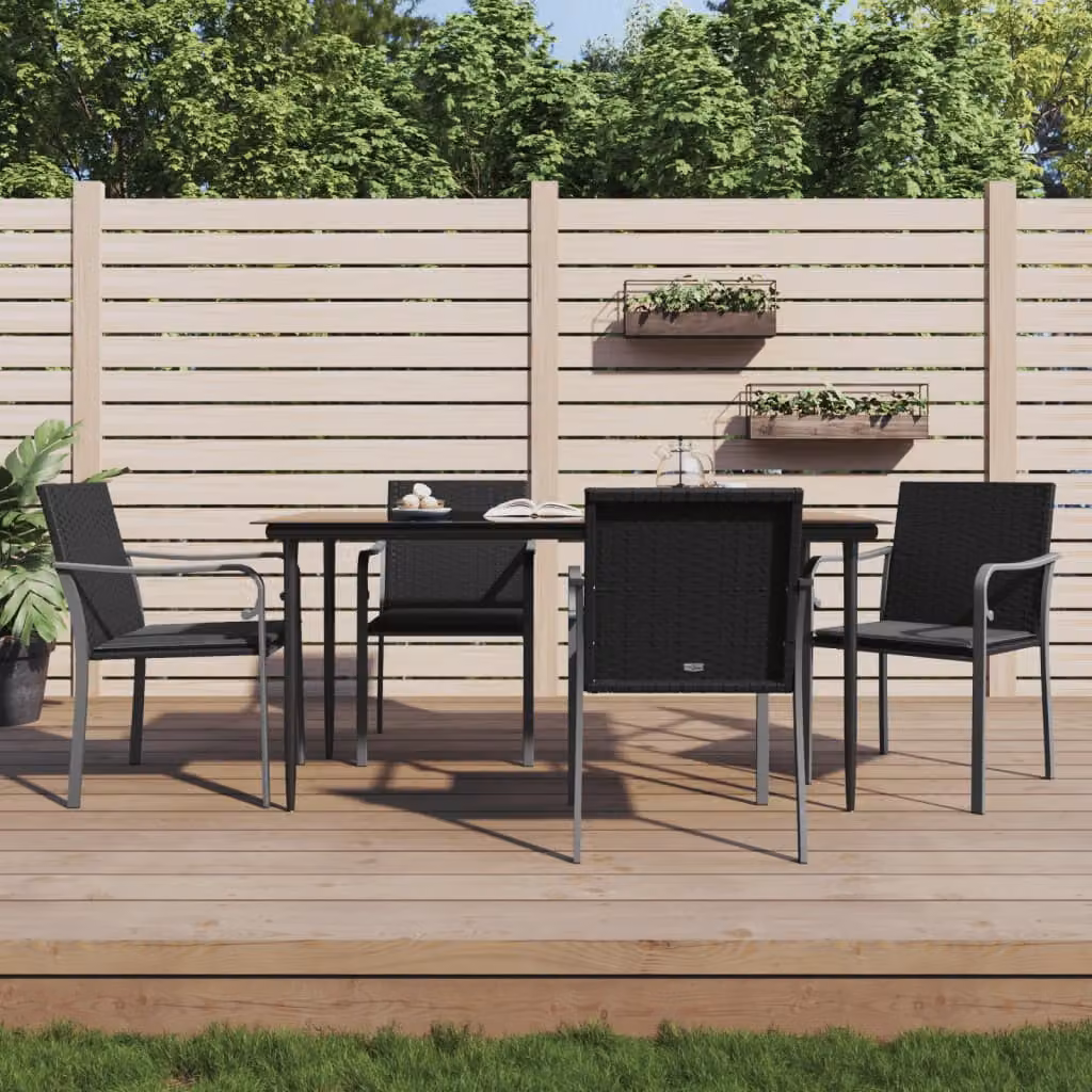 Set da pranzo da giardino vidaXL in polyrattan e acciaio con cuscini, colore nero e grigio