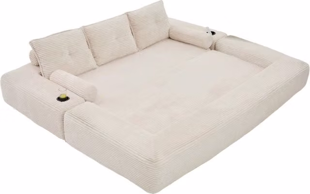 Divano letto modulare 232x98 cm in velluto a coste beige con molle e tasche laterali