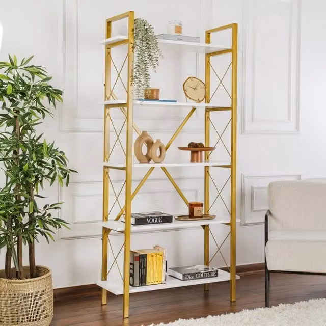 Libreria Suriel DMORA, Scaffale Moderno in Metallo per Ufficio e Soggiorno, Bianco e Oro, L: 90 cm, P: 34 cm, H: 180 cm – 1