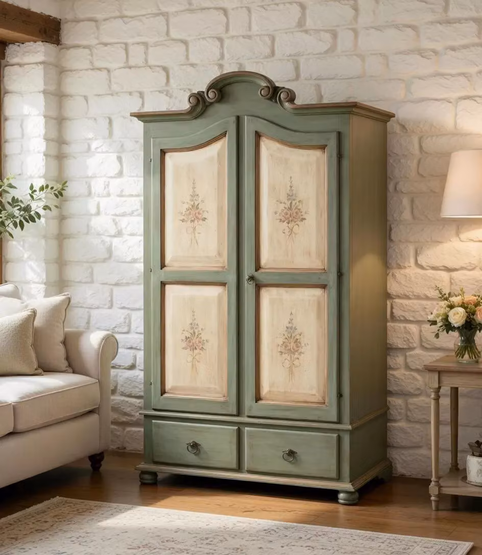 Armadio in legno in stile shabby chic verde avorio e ecru Mobili 2G L: 122 cm, P: 60 cm, H: 204 cm – 2