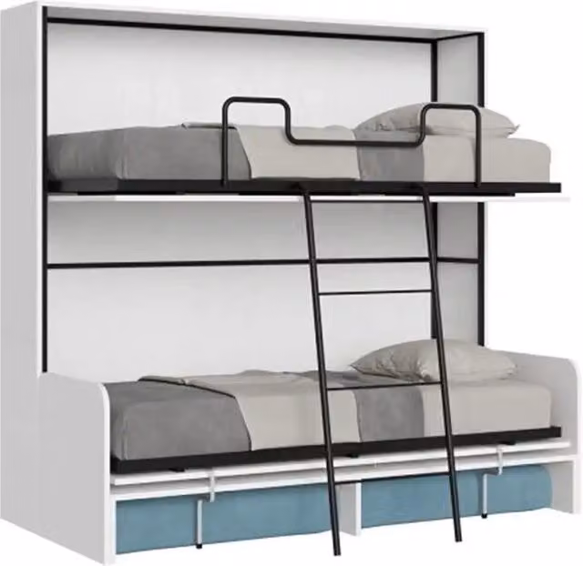 Letto doppio a scomparsa Kando Itamoby con divano in tessuto bianco frassino e azzurro