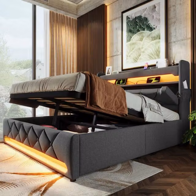 Letto matrimoniale 160×200 cm con LED, USB e porta tipo C, vano idraulico, senza materasso, in lino grigio