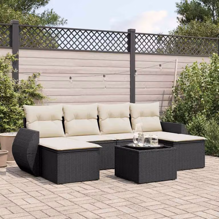 Set Divani da Giardino a L vidaXL in Polyrattan Nero con 7 Cuscini e Tavolino