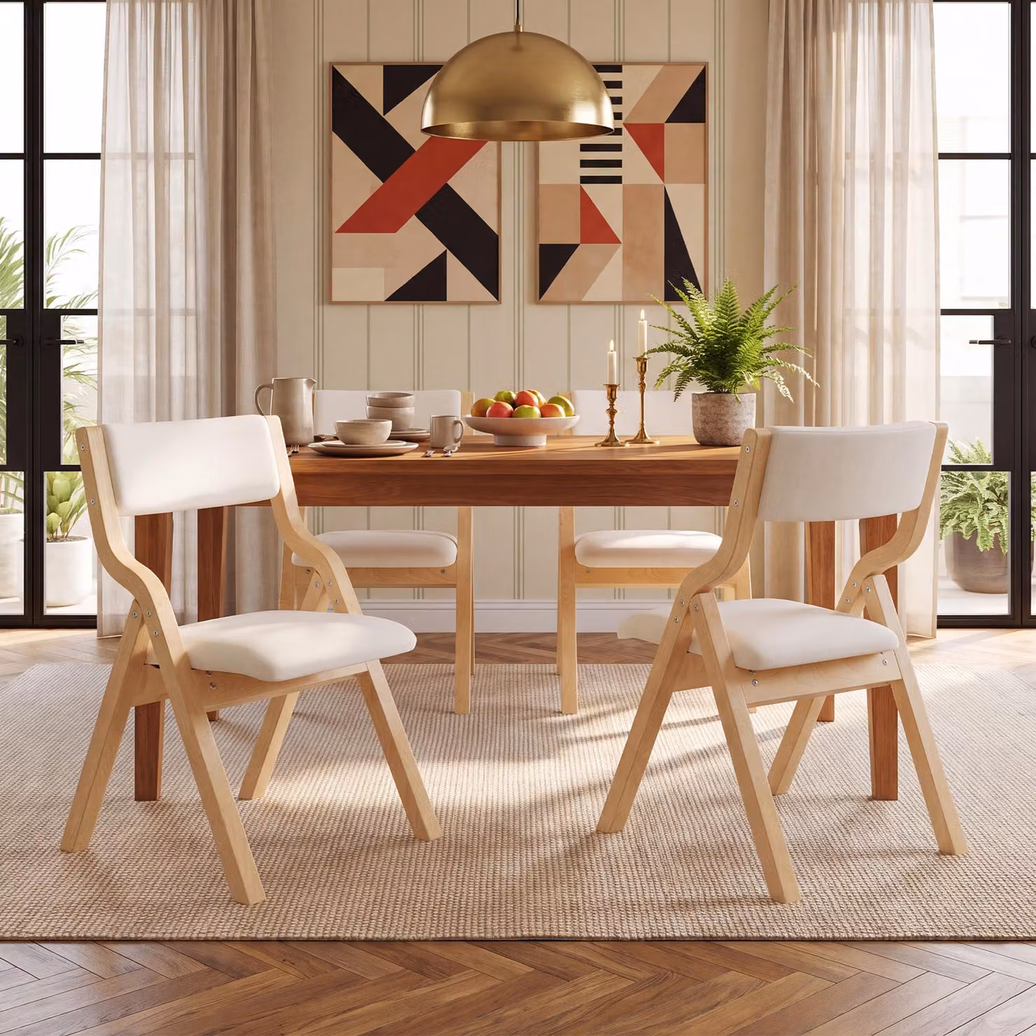 Set di 4 sedie pieghevoli per la sala da pranzo, in lino, realizzate in legno massello, pieghevoli e impilabili, ideali come sedie da cucina o poltrone, colore beige