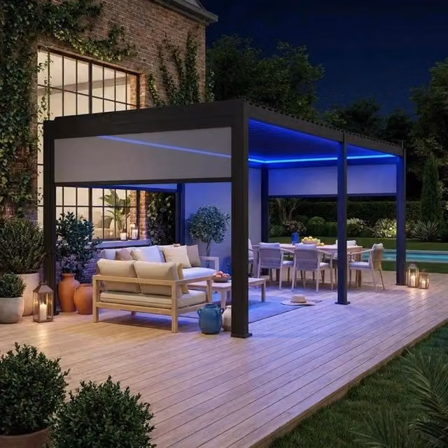 Pergola bioclimatica elettrica Sweeek in alluminio color antracite con illuminazione LED e 4 tende da 3m, L: 6 m, P: 3 m