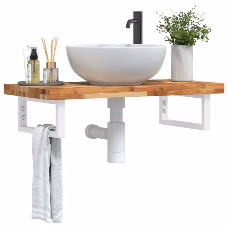 vidaXL Ripiano a Parete per Lavabo in Accacia e Metallo, Bianco e Marrone, L: 40 cm, P: 19 cm, H: 3 cm