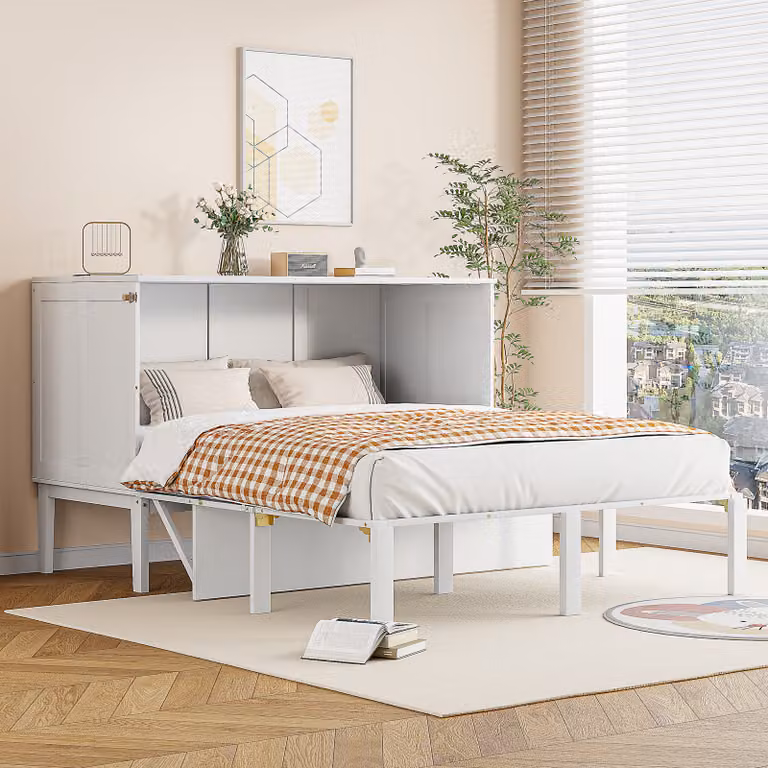 Flieks letto funzionale a scomparsa 140x200cm con rete a doghe, letto matrimoniale pieghevole letto giovanile letto a parete letto a scomparsa con rete a doghe, letto in legno bianco