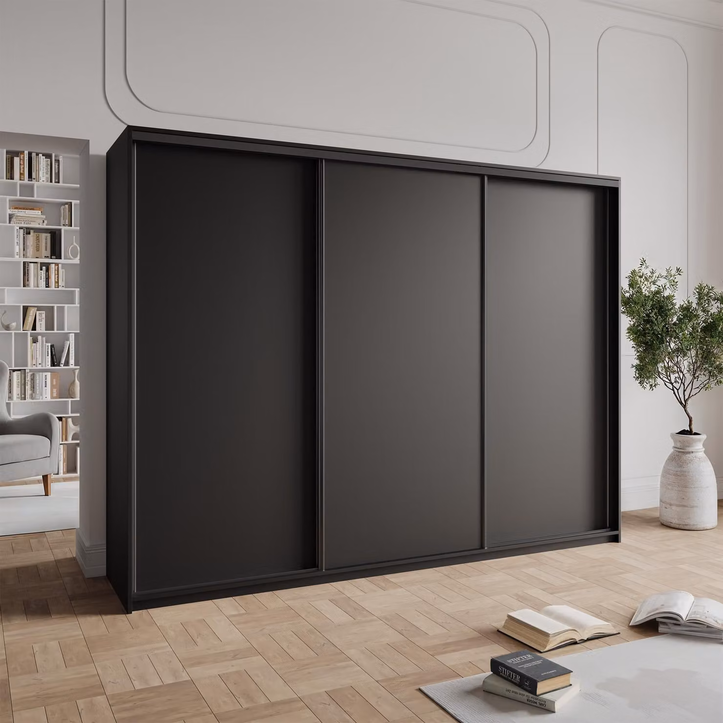 Armadio scorrevole Masseno NISSE 250/205/60 cm Armadio con 4 cassetti Armadio per camera da letto a 3 ante Nero