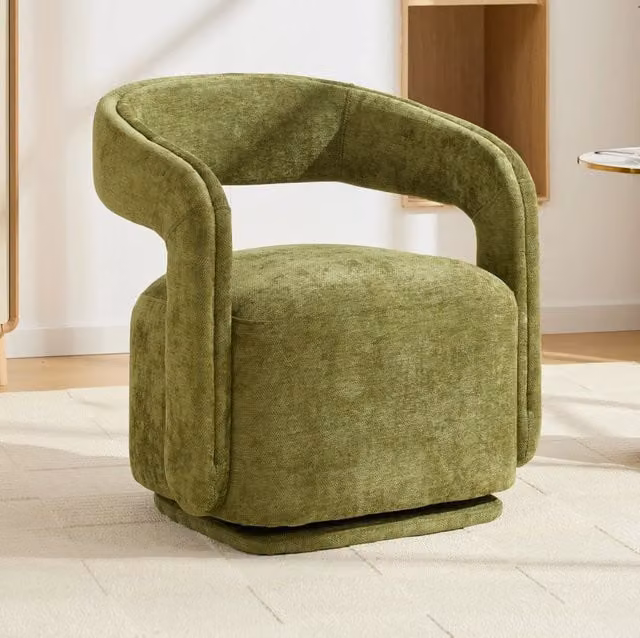 Poltrona girevole ULEVR 360¡ã in ciniglia verde, poltrona lounge imbottita con struttura in legno