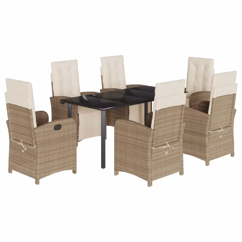 Set da pranzo da giardino vidaXL in polyrattan con cuscini beige e tavolo in vetro, 7 pezzi – 2