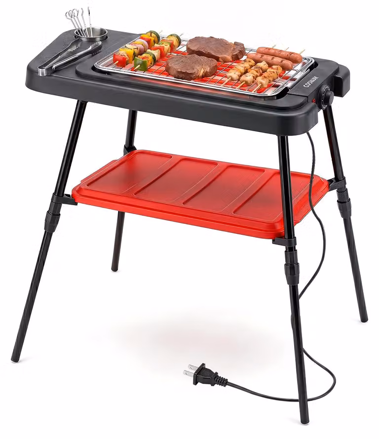 COSTWAY Griglia elettrica 2in1, 2000W, fino a 280°C, griglia da esterno regolabile in altezza, griglia da tavolo con doppia piastra, ripiano portaoggetti e termostato regolabile