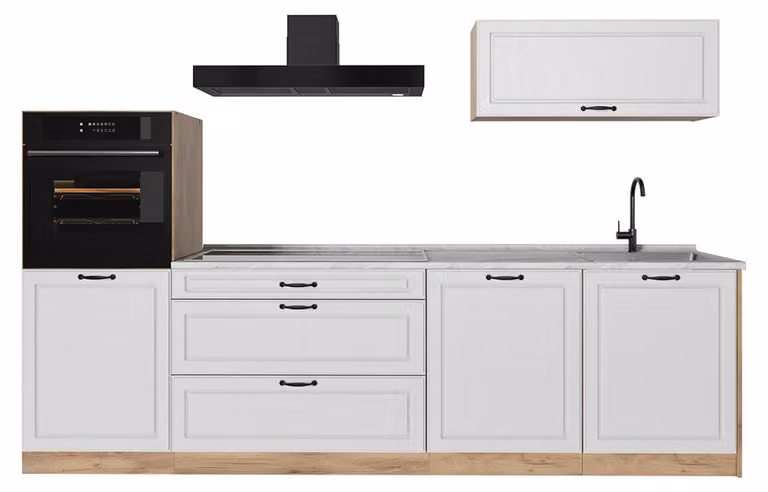 Cucina componibile Vicco R-Line Bianco country/Rovere dorato 280 cm piano di lavoro Marmo, Model 67988