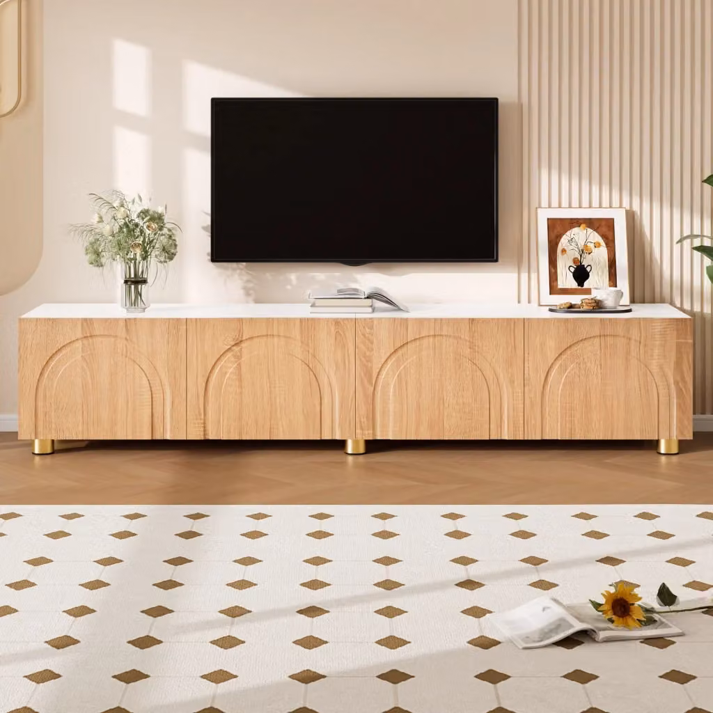 Mobile TV moderno KOMHTOM in MDF e legno, colore bianco e naturale, L: 180 cm, P: 40 cm, H: 35 cm – 2