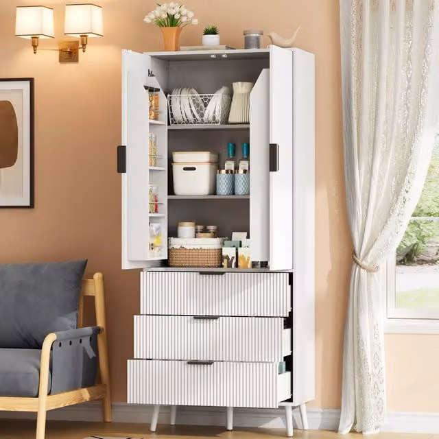 Colonna cucina con 2 ante, 3 cassetti, ripiani regolabili e vani sulle ante, in MDF bianco, 75×35×180 cm