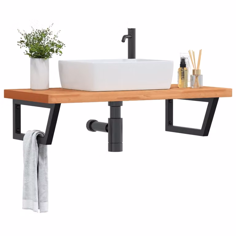 vidaXL Ripiano a Parete per Lavabo Moderno in Acciaio e Faggio Massello, Nero e Marrone
