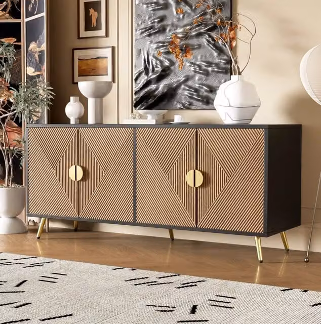 Credenza 160x40x75 cm a 4 ante con chiusura ammortizzata; MDF e pannello truciolare nero e legno